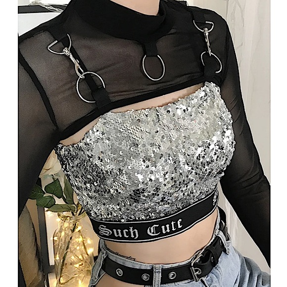 Black mesh metal buckle long sleeve crop top - Picture 4 of 16